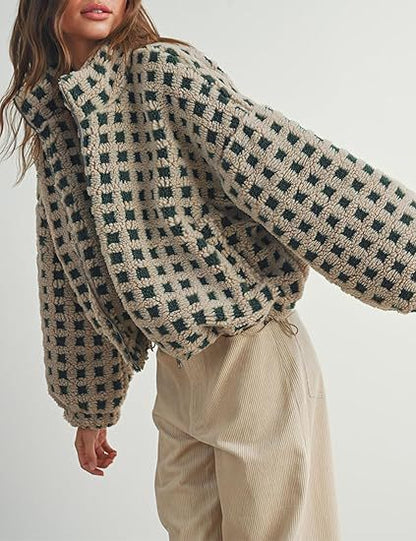 Color Block Plaid Stand Collar Shearling Jacket