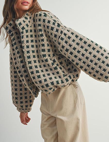 Color Block Plaid Stand Collar Shearling Jacket