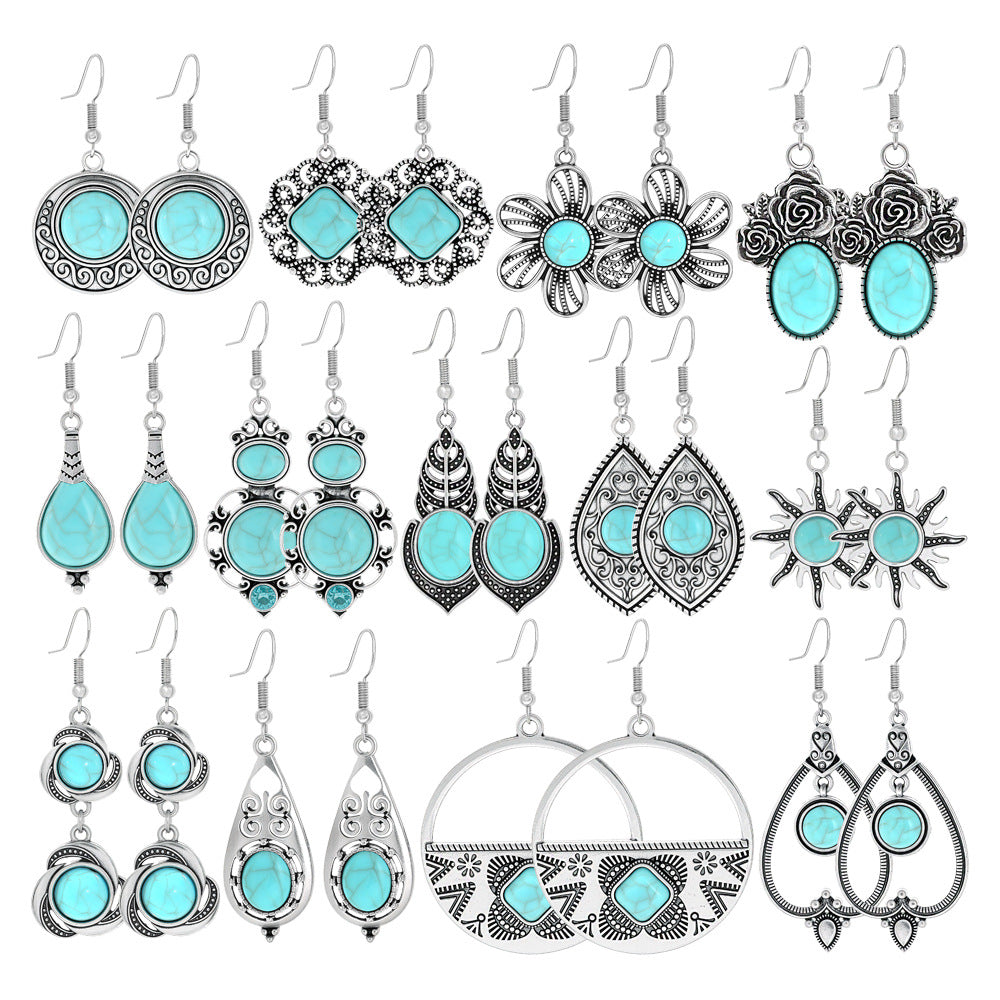Simple Tribal Flower Teardrop Circle Turquoise Earring Set