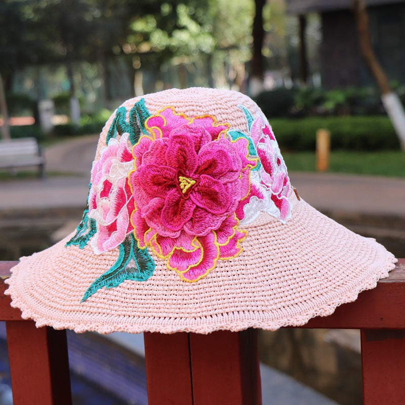 New Ethnic Style Embroidery Big Brim Hat Sun Visor Hat 3D Flower Hat Women'S Embroidery Hat