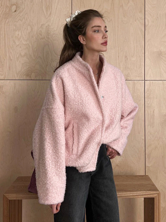Pink Casual Stand Collar Short Jacket