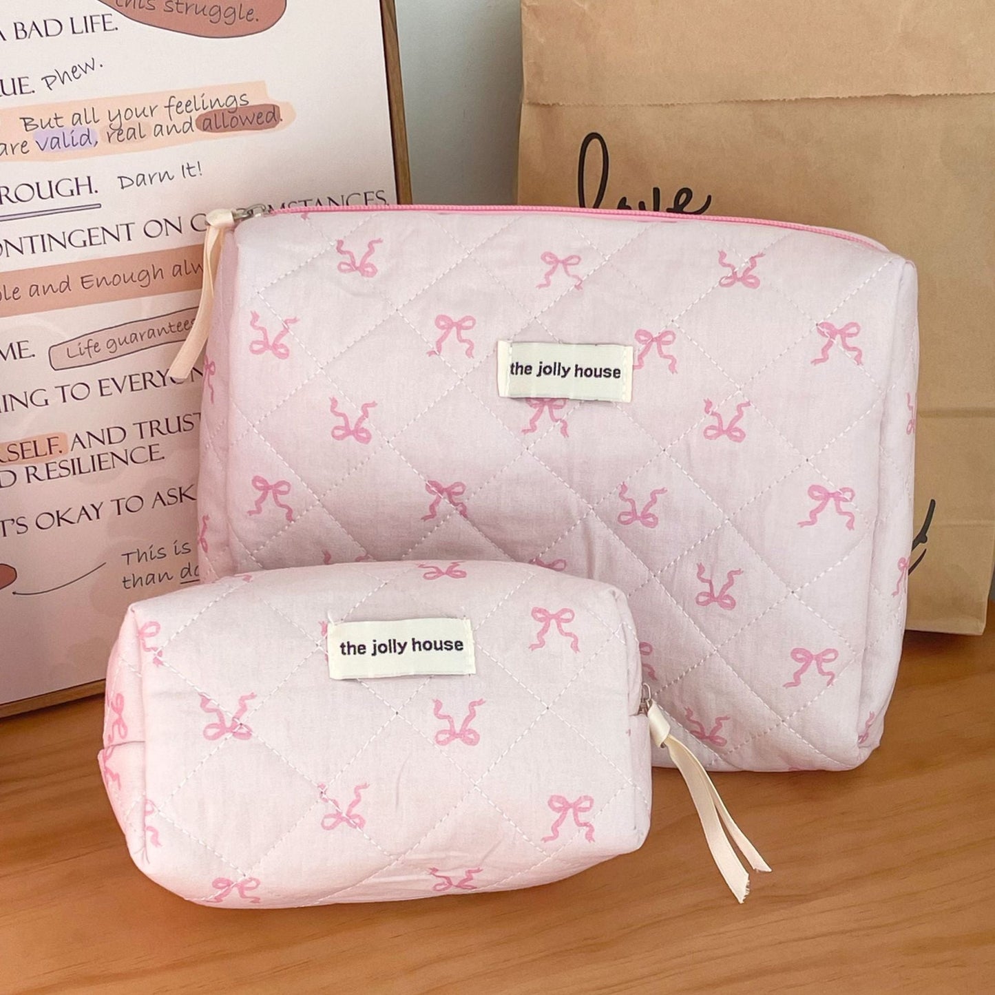Pink Ribbon Bow Makeup Bag Quilted Pouch