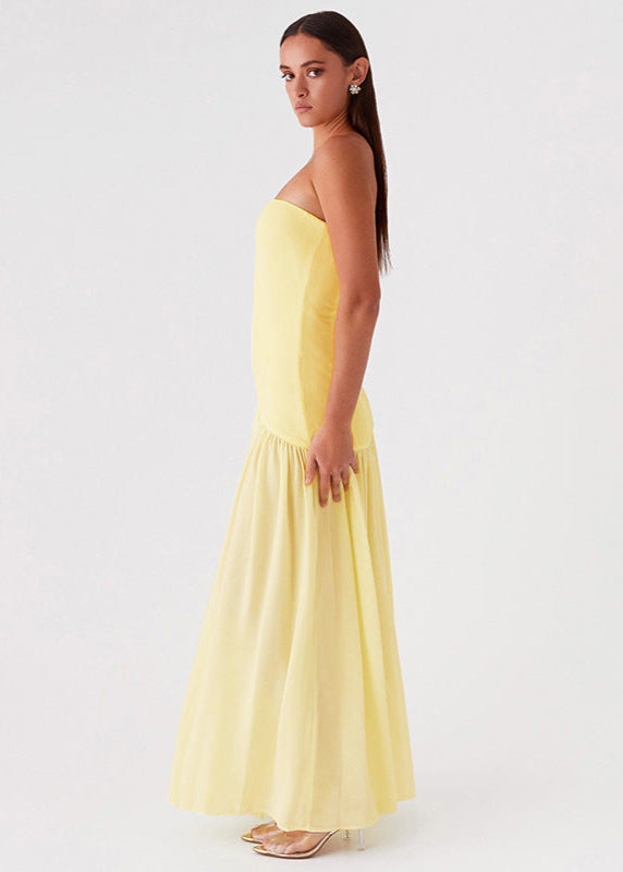 Strapless Yellow Maxi Dress With Side Slit