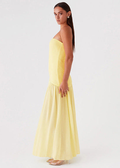 Strapless Yellow Maxi Dress With Side Slit