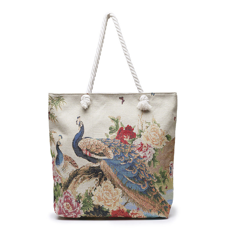 Double-Sided Ethnic Style Embroidery Bag Women'S Live Embroidery Peacock Elephant Canvas Bag