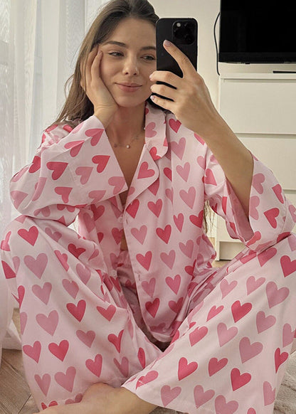 Heart Print Satin Pajama Set Relaxed Fit Pink