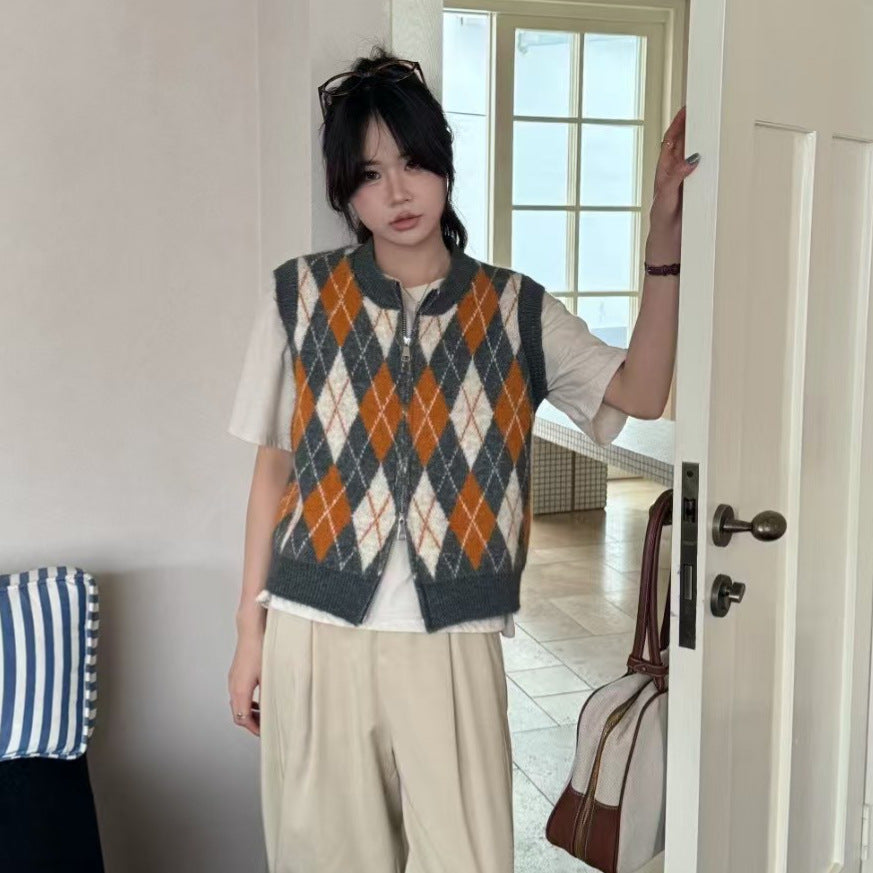 Diamond Knit Vest Cardigan Lightweight Polyester