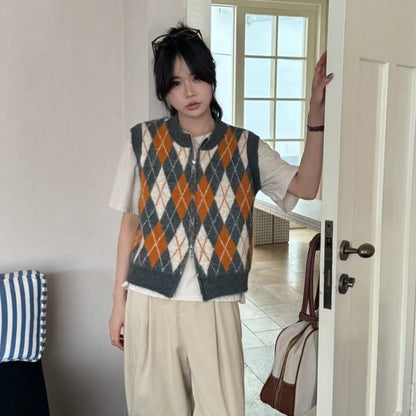 Diamond Knit Vest Cardigan Lightweight Polyester