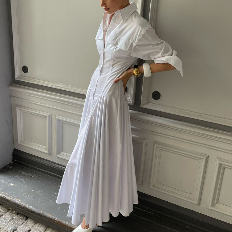 Elegant White Shirt Dress With Pleats And High Waist