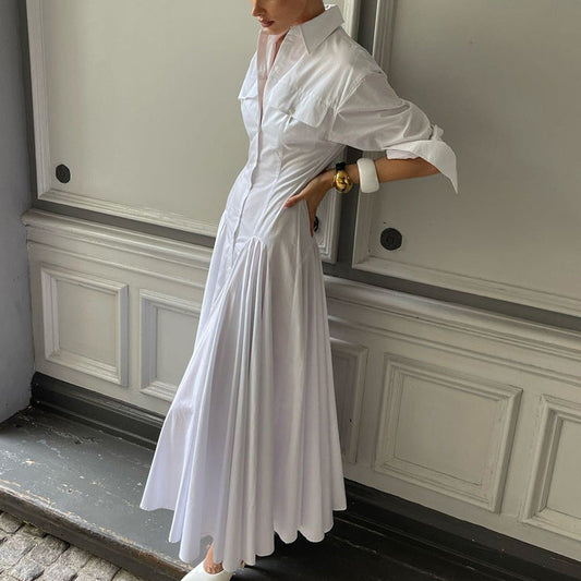 Elegant White Shirt Dress With Pleats And High Waist