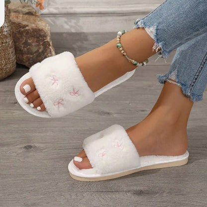 Bow Embroidered Plush Soft Slippers