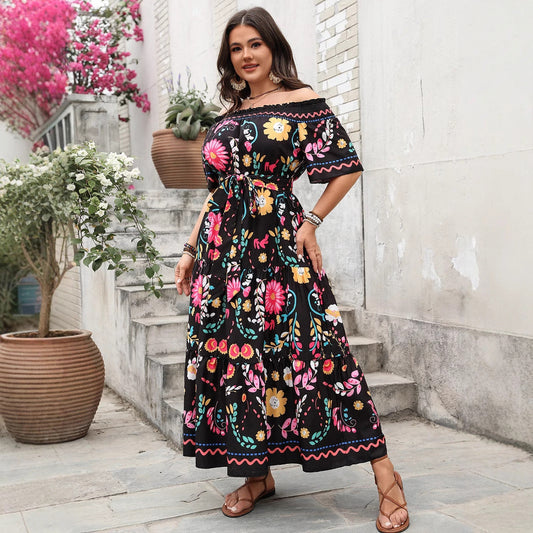 Elegant Color Block Printed Maxi Dress With Off-The-Shoulder Design