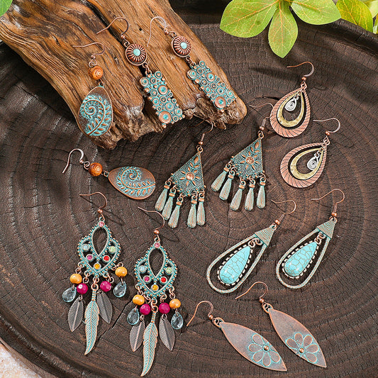 Bohemian Style Geometric Turquoise Tassel Earrings Set