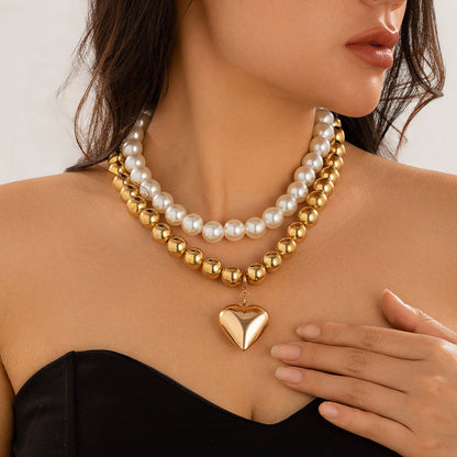 Multi-Layer Heart-Shaped Pearl Necklace Trendy Cyberpunk Style