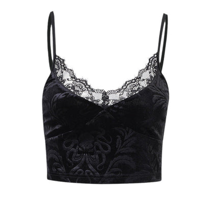 Summer Black Lace Trim Crop Top for Women