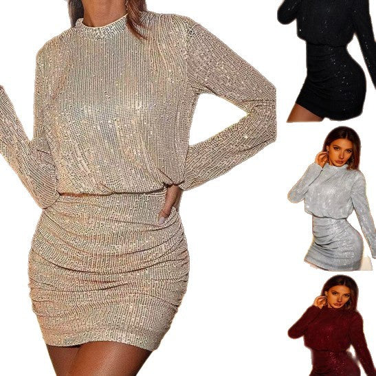 Sequined A-Line Dress Elegant Long Sleeve Cocktail Dress