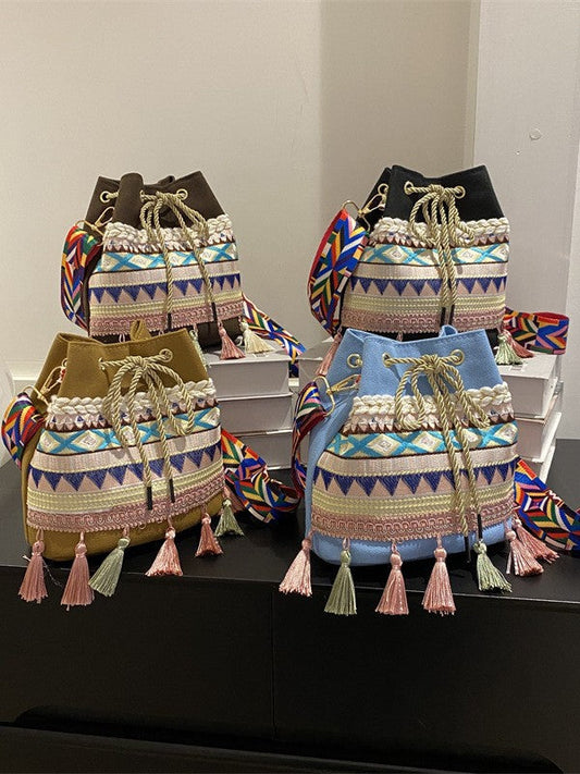 Trendy Ethnic Style Fringed Bucket Bag Casual Shoulder Bag
