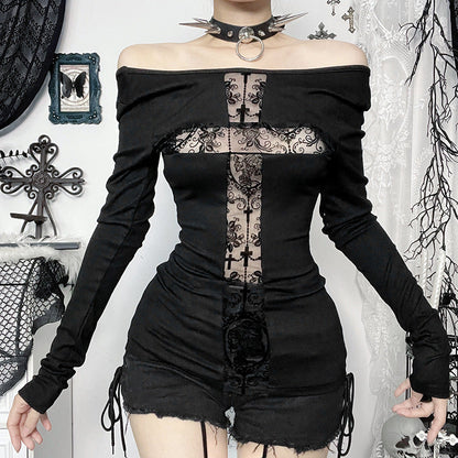 Color Block Long Sleeve Cross Graphic T-Shirt for Women