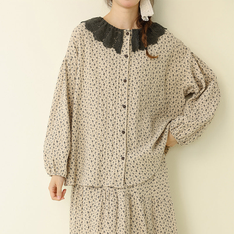 Artistic Vintage Floral Contrast Hem Skirt Casual Loose Set