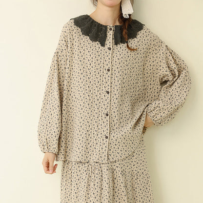 Artistic Vintage Floral Contrast Hem Skirt Casual Loose Set