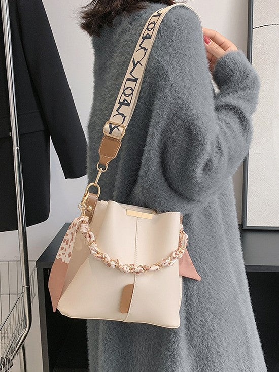 Trendy Candy Color Bucket Bag with Scarf Detailing
