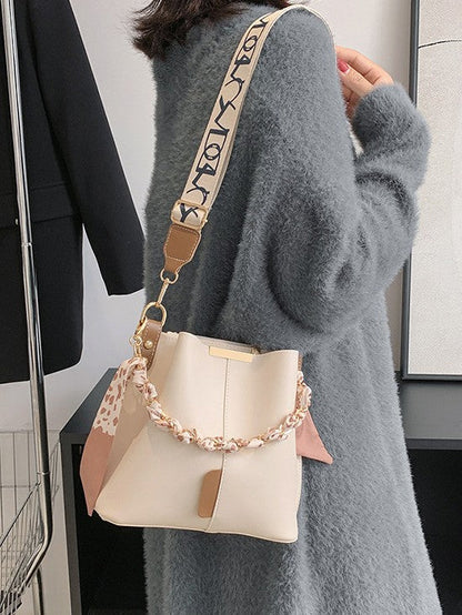 Trendy Candy Color Bucket Bag with Scarf Detailing