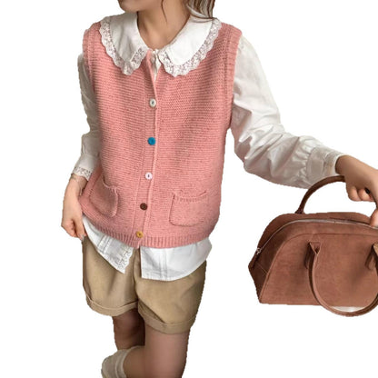 Trendy Knitted Wool Vest with Button Design for Women
