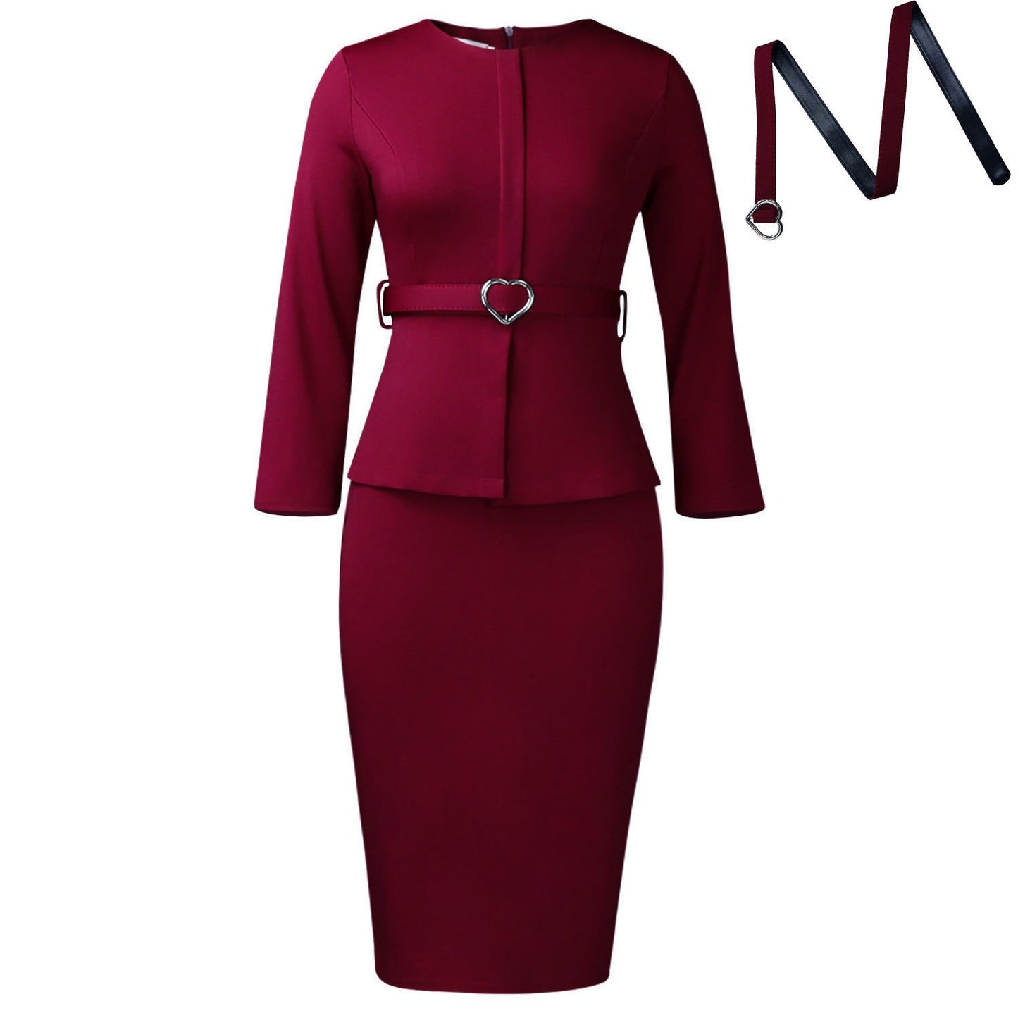 Elegant Round Neck Pencil Dress With Belt