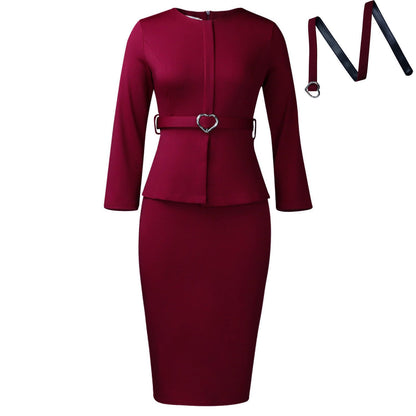 Elegant Round Neck Pencil Dress With Belt