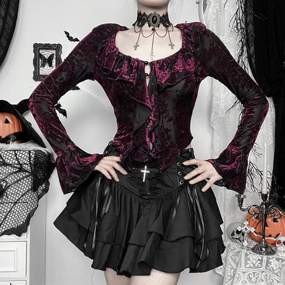 Chic V-Neck Long Sleeve Top with Ruffle Edges