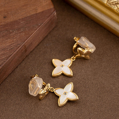 Classic Diamond-Studded Mother Of Pearl Shamrock Ear Clips For Women