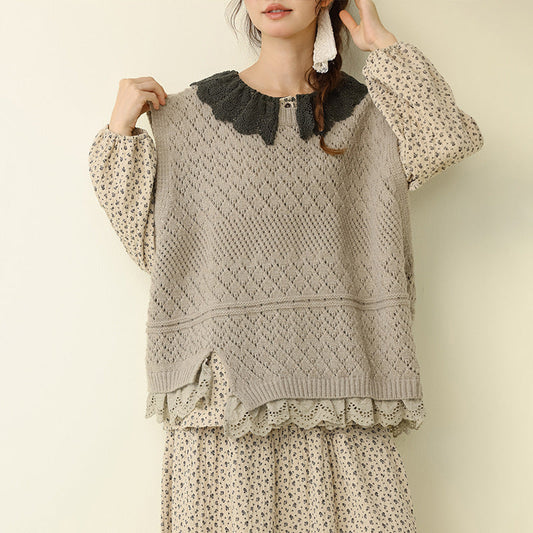 Chic Sleeveless Lace Trim Knitted Vest Top