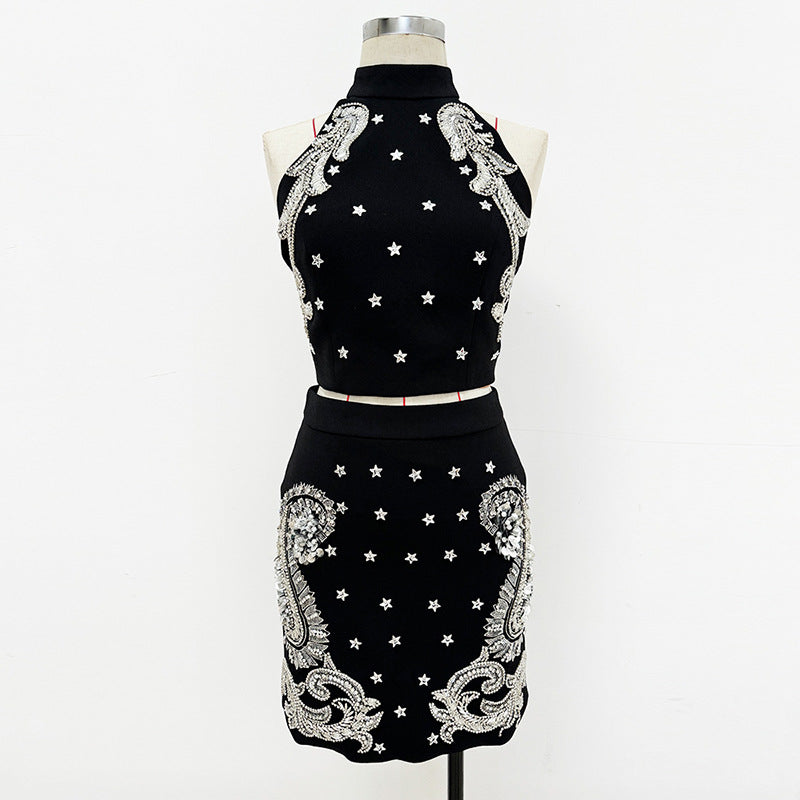 Beaded Sequin Halter Top Skirt Set