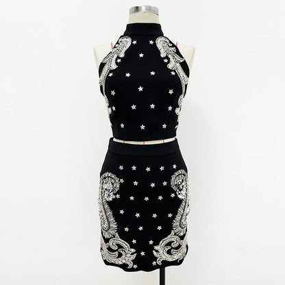 Beaded Sequin Halter Top Skirt Set