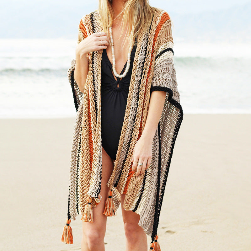 Openwork Sunscreen Fringed Beach Blouse