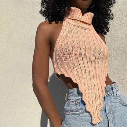 Sexy Backless Solid Color Turtleneck Irregular Knitted Vest