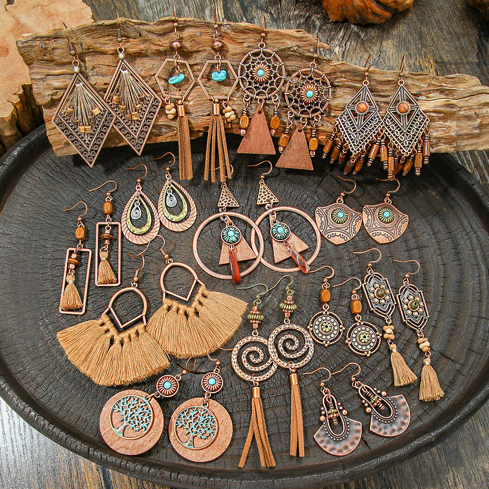 Bohemian Vintage Brown Earring Set Geometric Tassel Earrings