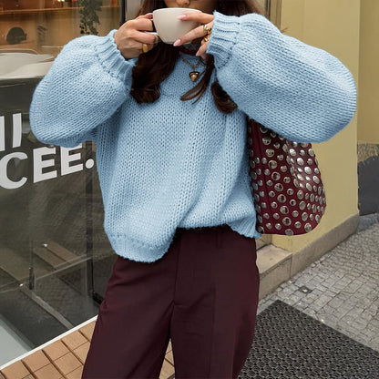 Casual Loose Fit Round Neck Long Sleeve Sweater for Women