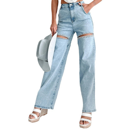 Trendy Ripped Rhinestone Stud Staight Leg Jeans