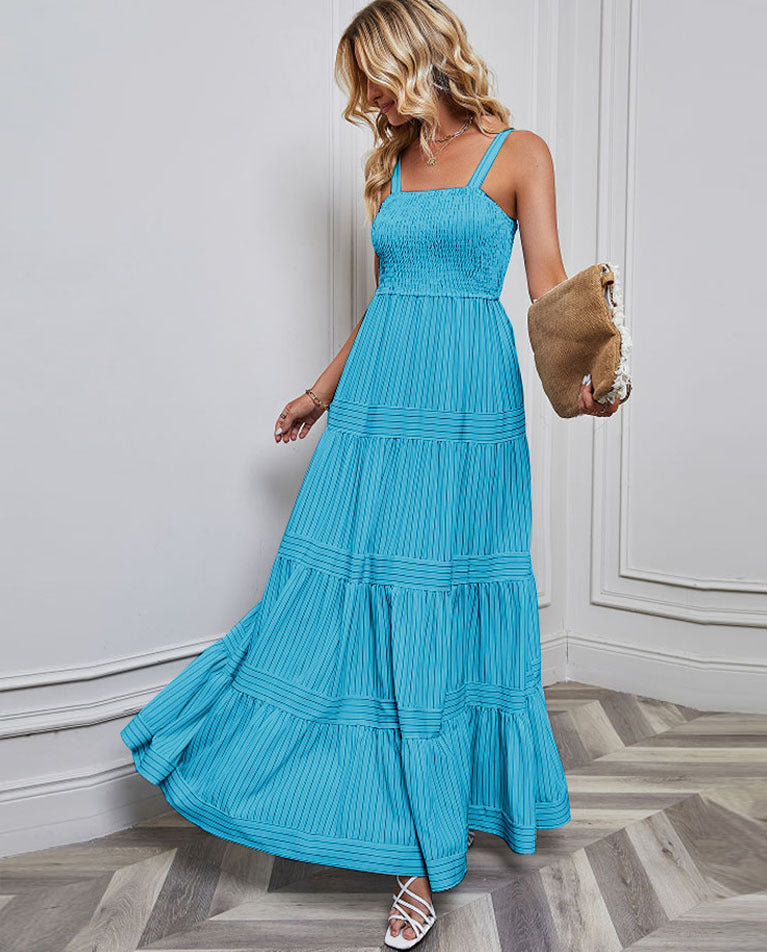Solid Color Striped Spaghetti Long Dress