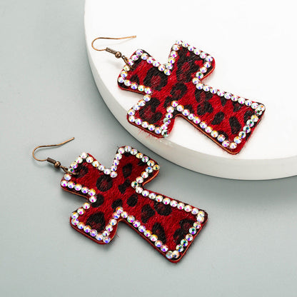 Trendy Y2K Cross Earrings Genuine Leather Leopard Print Geometric Style