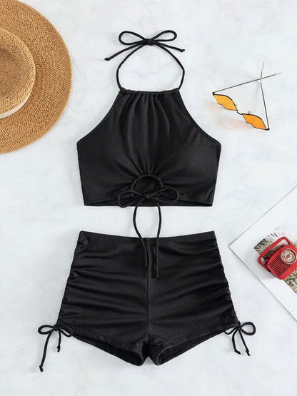2PCS Solid Color Halter Drawstring Swimwear