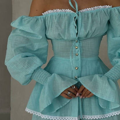 Pink Lace Trim Off-Shoulder Blouse and Shorts Set