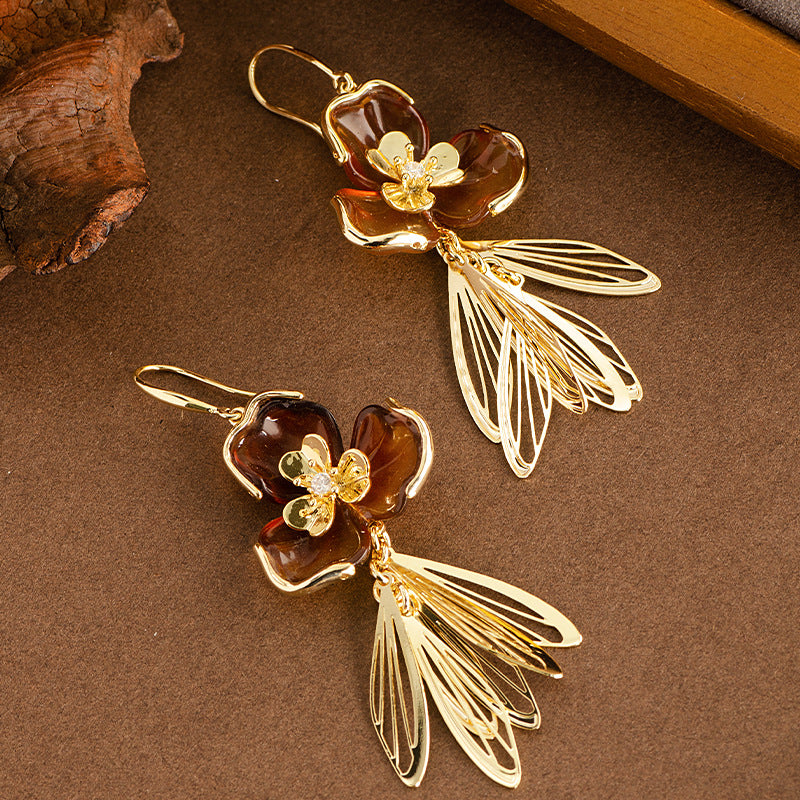 Caramel Amber Floral Resin Earrings For Women
