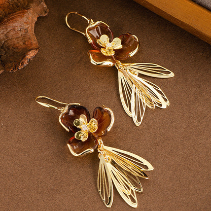 Caramel Amber Floral Resin Earrings For Women