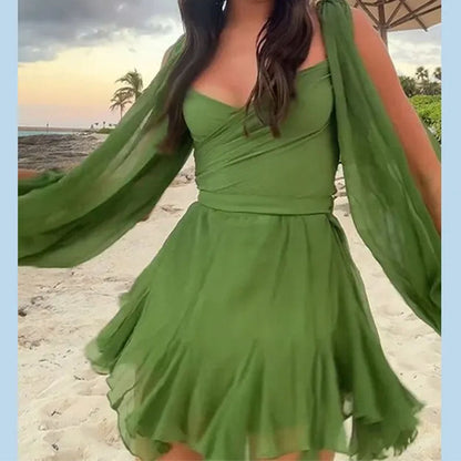Elegant V-Neck Pleated Dress Casual Polyester Dress