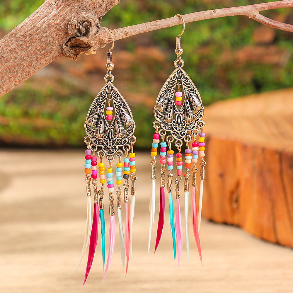 Bohemian Feather Tassel Earrings Vintage Geometric Design