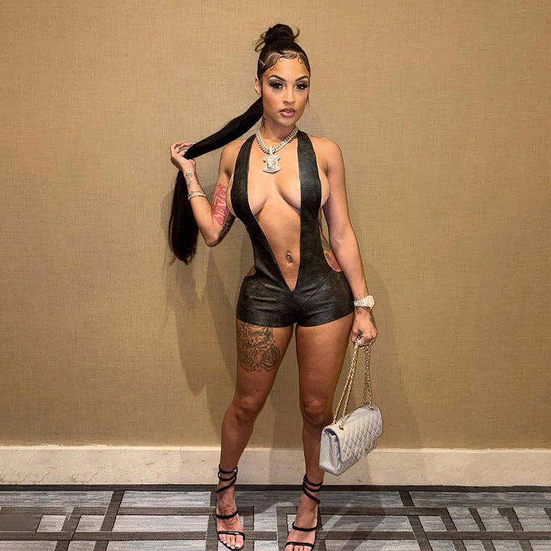 Sexy Deep V Backless Bodysuit In Solid Color