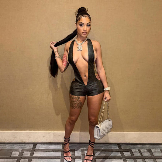 Sexy Deep V Backless Bodysuit In Solid Color