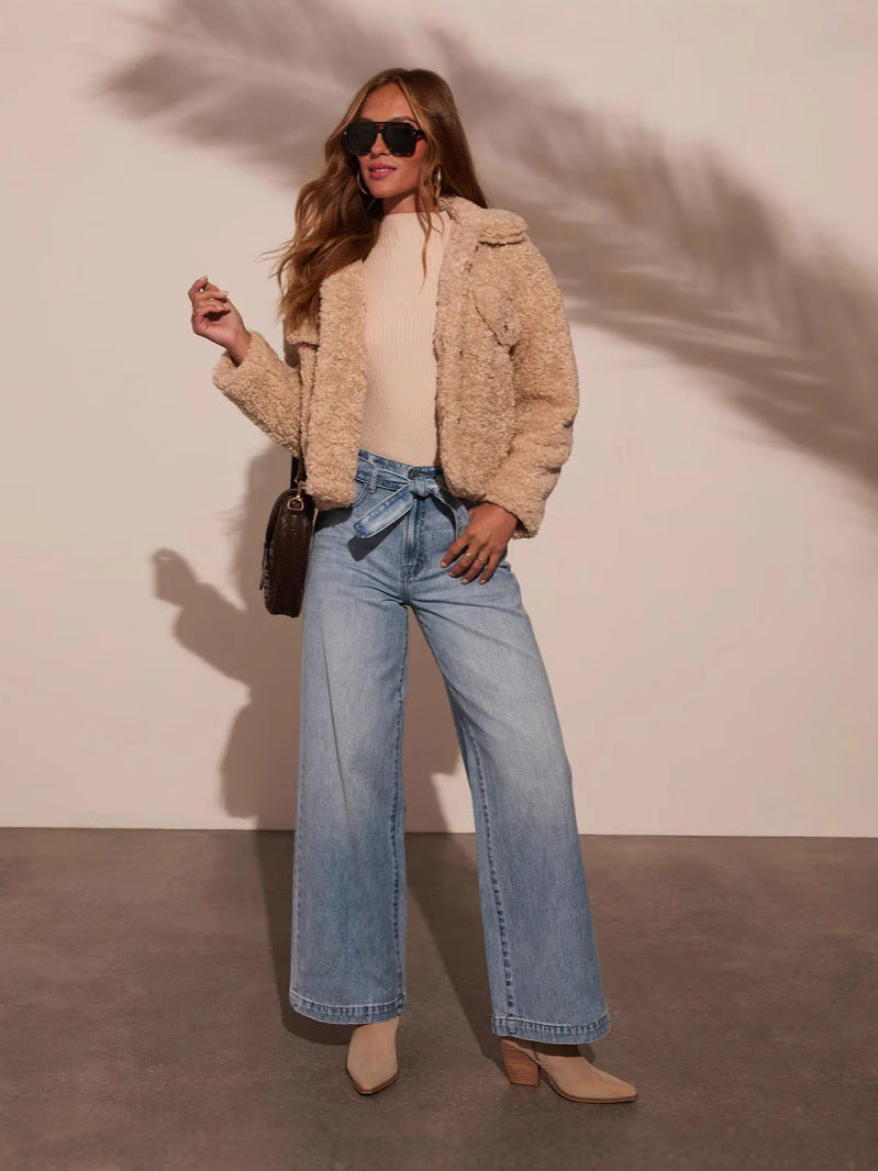 High-Waisted Belted Wash Denim Wide-Leg Pants